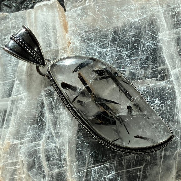 Tourmalinated Quartz Crystal Stone Jewelry Pendant - Picture 6 of 8